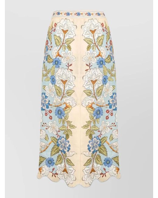 Farm Rio Multicolor Floral High Waist Midi Skirt Scalloped Hem