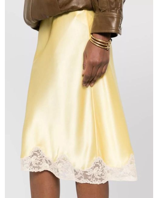 Saint Laurent Yellow Silk Lace Trim Midi Skirt
