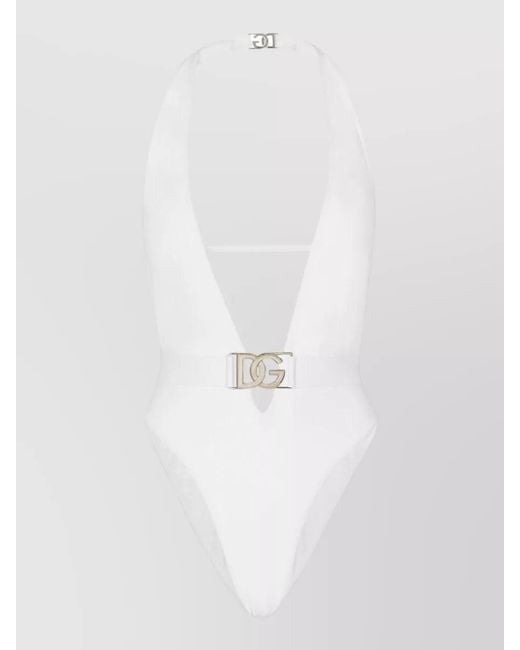 Dolce & Gabbana White Halterneck Belted Swimsuit