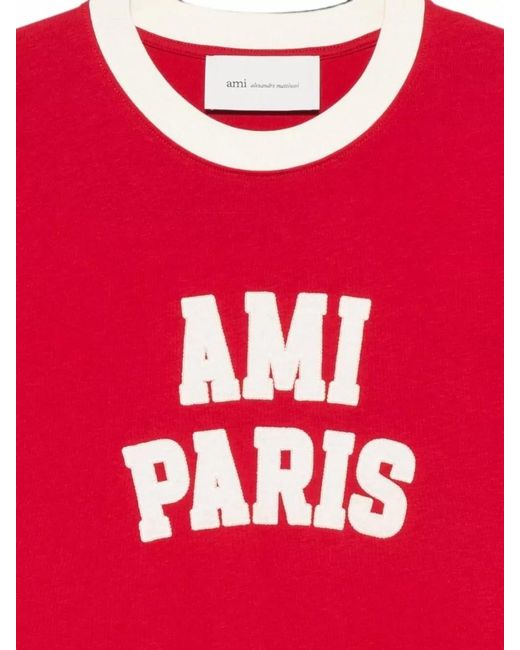 AMI Red Logo Cotton T Shirt Short Sleeve Crew