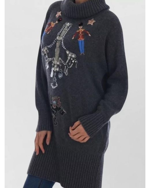 Dolce & Gabbana Blue Cashmere Embroidered Turtleneck Oversized Sweater