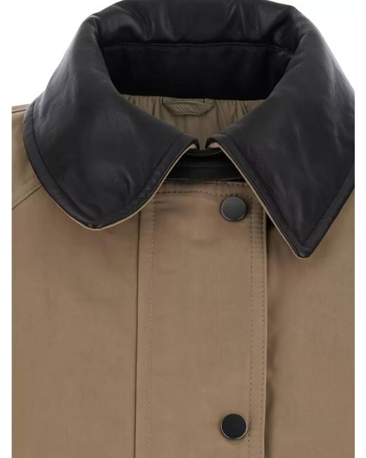 Brunello Cucinelli Brown High Collar Coat Front Pockets Leather Detail
