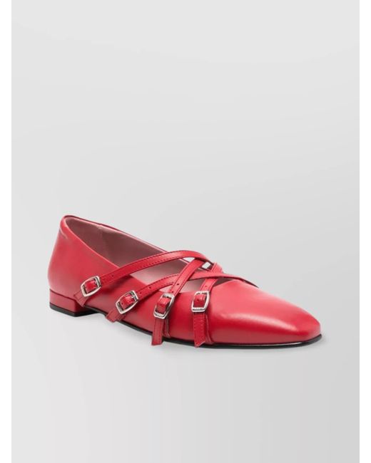 CAREL PARIS Pink Square Toe Leather Ballet Flats With Cross Straps