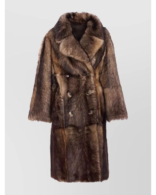 Yves Salomon Brown Double-Breasted Long Coat Faux Fur