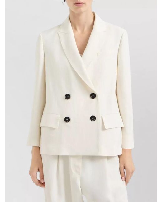 Brunello Cucinelli Natural Linen Viscose Cropped Double-Breasted Blazer
