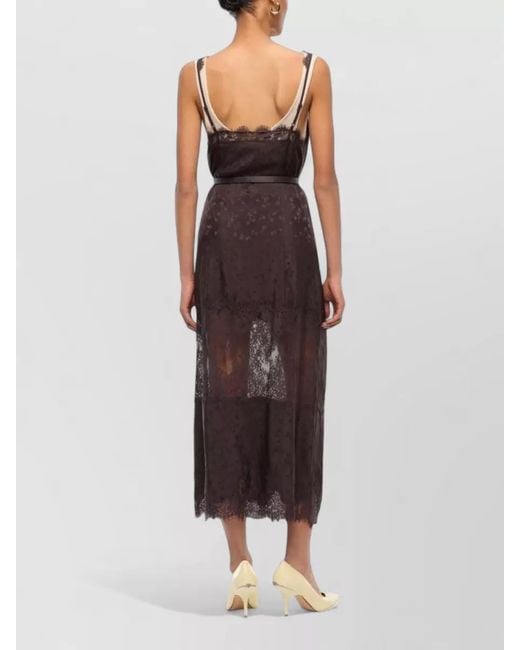 Pinko Brown Knee Length Dress Belt Lace Neckline