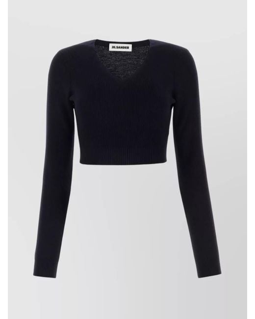 Jil Sander Blue Wool Cropped V-Neck Sweater