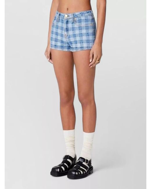 AMI Blue Denim Shorts Checkered Pattern Belt Loops Pockets