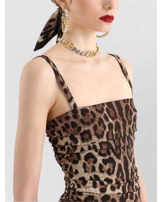 Dolce & Gabbana Brown Charmeuse Dress Leopard Print Draped Neckline