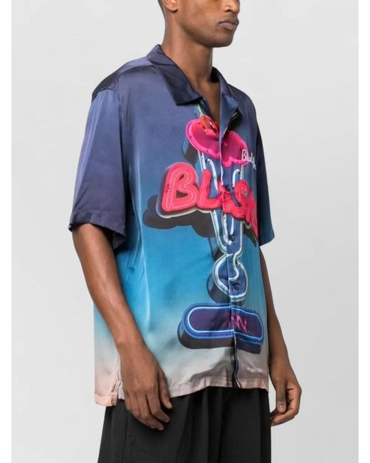 BLUE SKY INN Blue Viscose Shirt Camp Collar Graphic Print for men