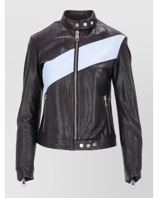 LA ROSE Black Leather Bomber Jacket Color Block Design
