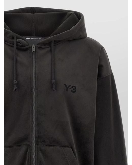 Y-3 Black Velvet Zip Hooded Sweatshirt Front Pockets for men