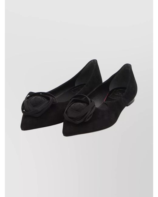 Roger Vivier Black Suede Leather Rose-Detail Pointed-Toe Ballerina Shoes