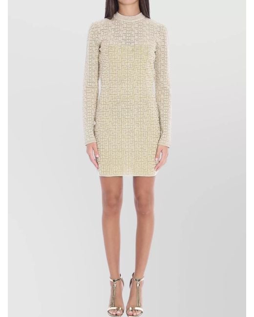 Balmain Natural Metallic Knit Monogram Long-Sleeve Mini Dress