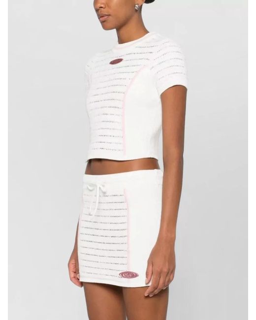 Casablanca White Cropped Knit Top Crew Neck Contrast Trim