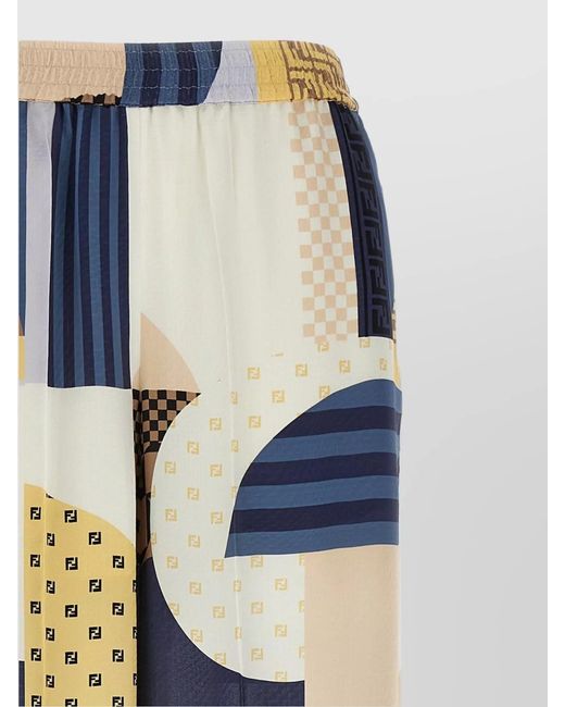 Fendi Blue Silk Patchwork Print Wide-Leg Trousers