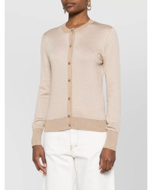 Fendi Natural Silk Wool Micro Ff Jacquard Ribbed Trim Cardigan