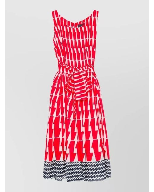 Samantha Sung Red Midi Dress Belted Waist Geometric Pattern