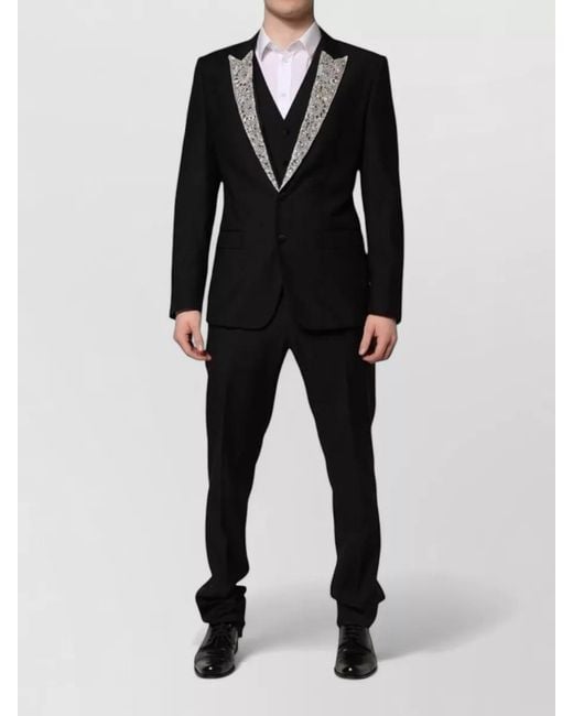 Dolce & Gabbana Black Wool Silk Crystal Embellished Slim Fit Three Piece Tuxedo for men