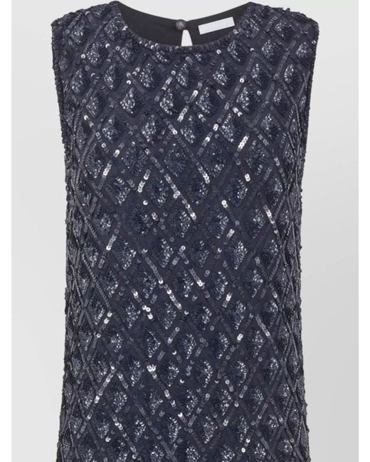P.A.R.O.S.H. Blue Dress Embroidered Sequins Sleeveless Textured Round Neck