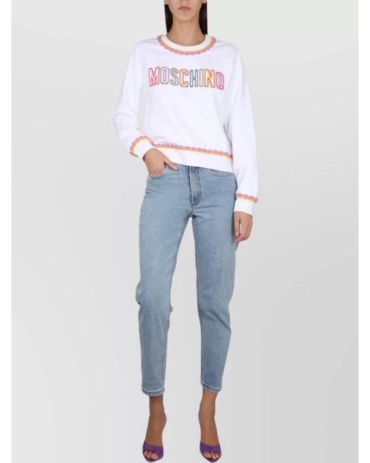 Moschino Blue Cotton Logo-Embroidered Crewneck Sweatshirt
