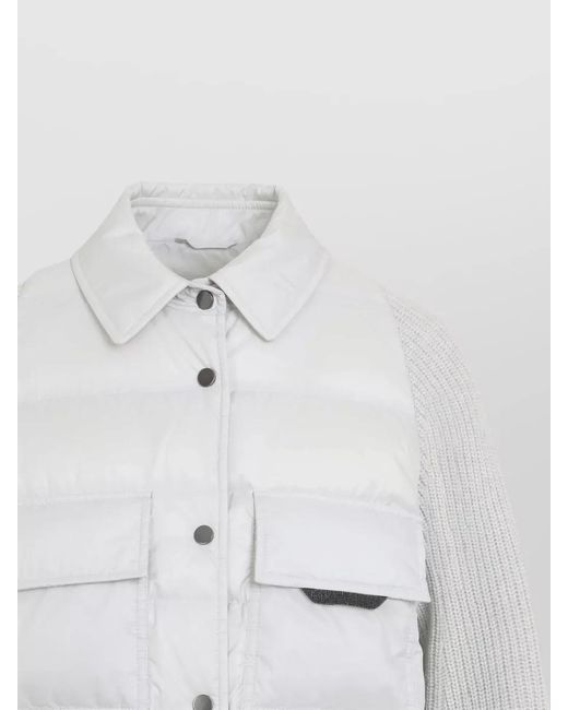 Brunello Cucinelli White Hybrid Padded Jacket Ribbed Detail Sleeves