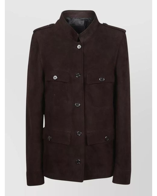 Prada Black Shearling Coat Epaulettes Stand Collar Pockets