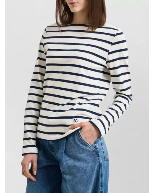 Semicouture Blue Carmelita Striped Crew Neck Cotton Sweater
