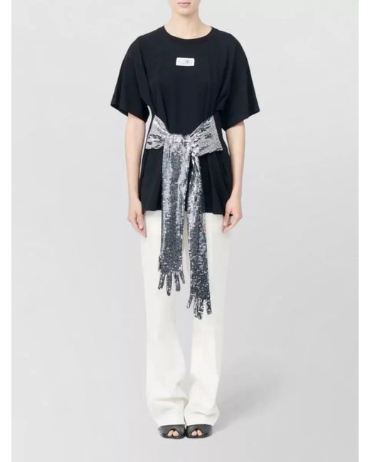MM6 by Maison Margiela Black Cotton Sequin Belted Short-Sleeve T-Shirt