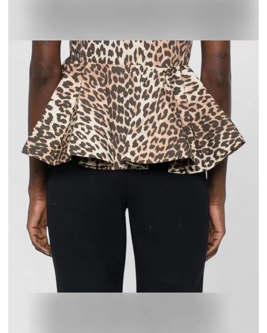 Ganni White Organic Cotton Shirt Animal Print Peplum
