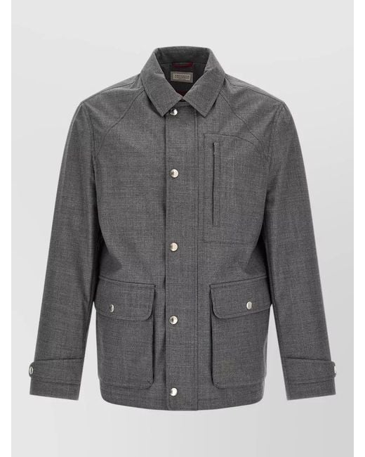 Brunello Cucinelli Gray Field Wool Canvas Shirt Collar Jacket for men
