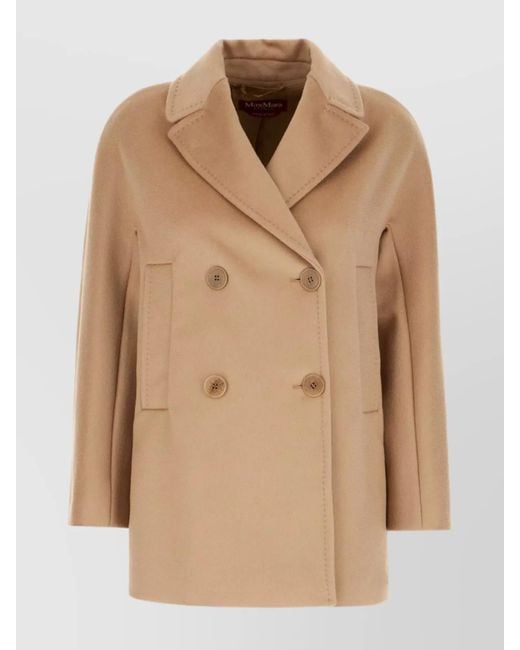 Max Mara Natural Double-Breasted Wool Coat Featuring Side Pockets