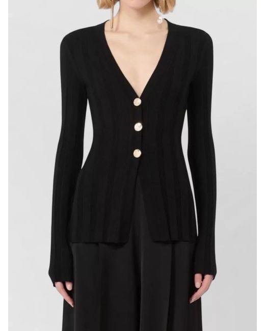 Sportmax Black V Neck Ribbed Long Sleeve Fitted Top