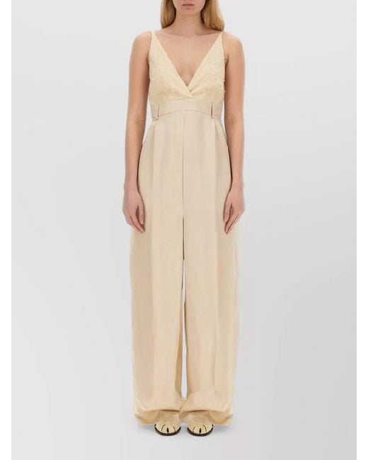 Alysi Natural Satin Jumpsuit Lace Bodice Wide Leg