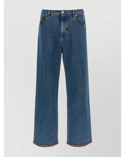 Valentino Blue Trousers With Five Pockets And Floral Print Inserts for men