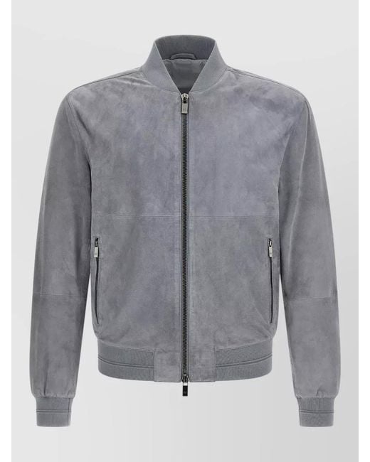 Pal Zileri Gray Suede Bomber Jacket Ribbed Cuffs Hem for men