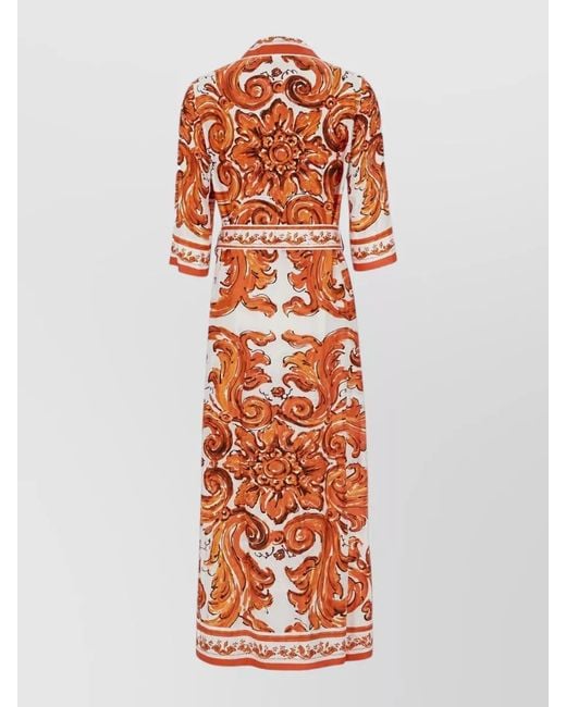 Dolce & Gabbana Orange Printed Dress Belted Waist Three Quarter Sleeves