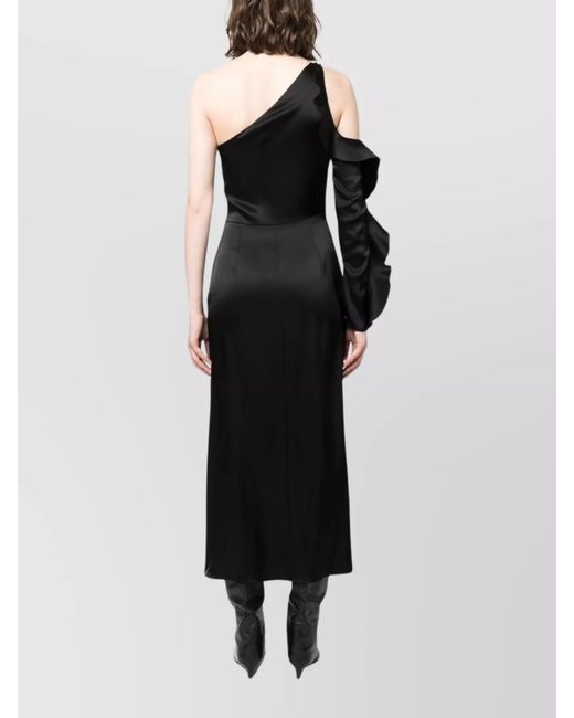 David Koma Black Asymmetric Ruffled One-Shoulder Long-Sleeve Midi Dress