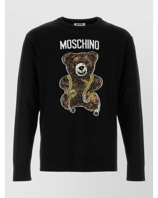 Moschino Black Wool Sweater Crew Neck Graphic Design for men