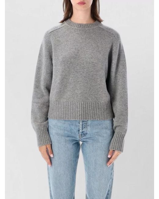 Extreme Cashmere Gray Knit Crew Neck Cropped Saddle Sleeve Jumper