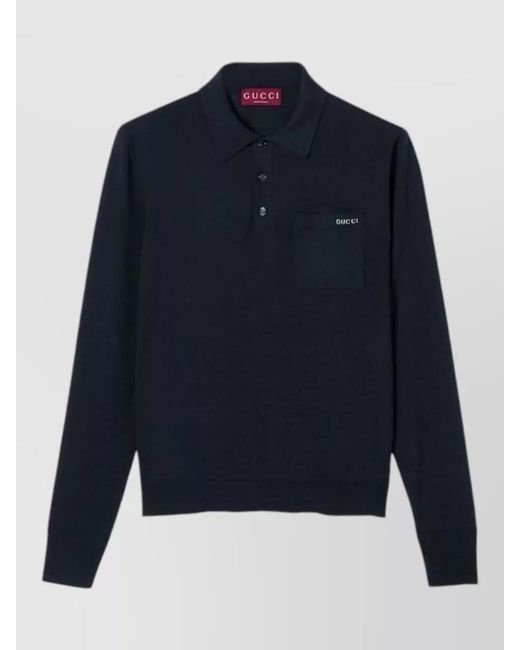 Gucci Blue Long Sleeve Polo Shirt Chest Pocket for men