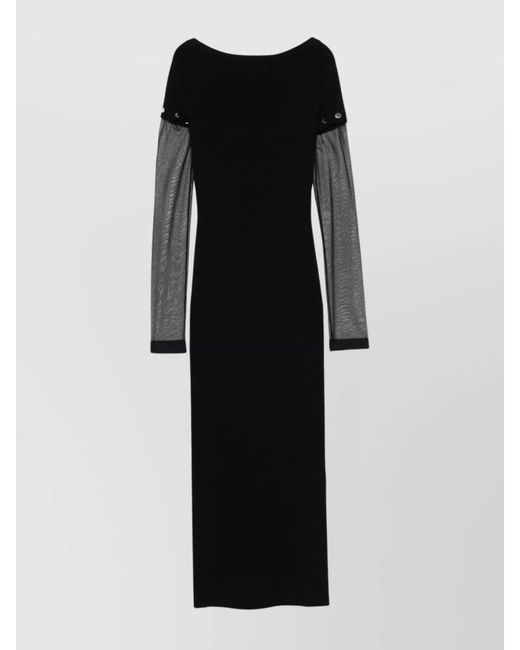 Sportmax Black Fine-Knit Boat Neck Short-Sleeve Midi Dress With Detachable Long Sleeves