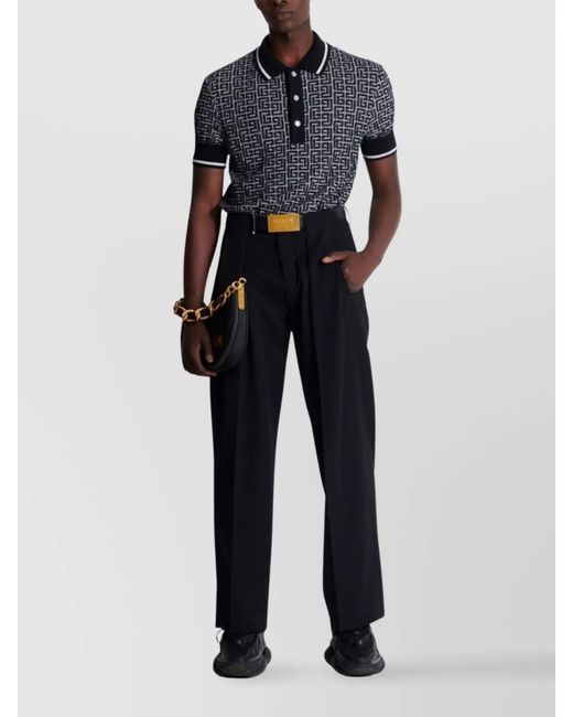 Balmain Blue Merino Wool Knit Patterned Polo Shirt for men