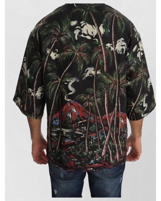 Dolce & Gabbana Black Linen Relaxed-Fit Printed Short-Sleeve Polo Shirt for men