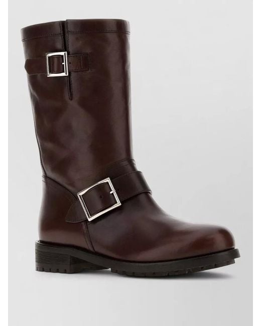 Jimmy Choo Brown Leather Biker Boots Round Toe Buckle
