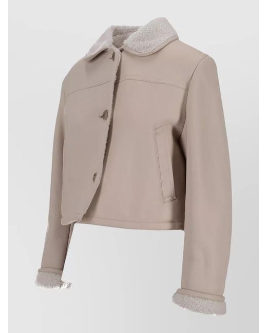 LA ROSE Natural Cropped Shearling Collar Leather Jacket