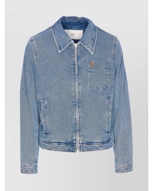 AMI Blue Denim Logo Embroidered Zip-Up Jacket for men