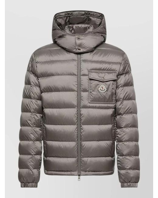 Moncler Gray Hooded Nylon Silk Coat Chest Pocket for men