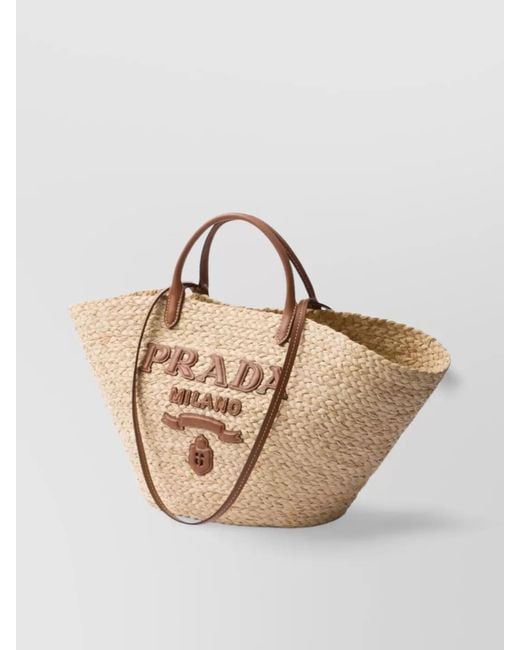 Prada Multicolor Large Woven Raffia Tote Bag With Leather Trim