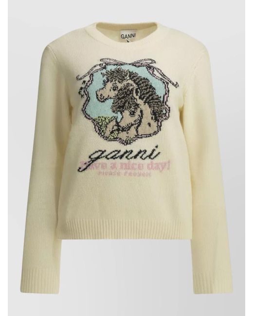 Ganni Metallic Horses Motif Crew Neck Knit Sweater